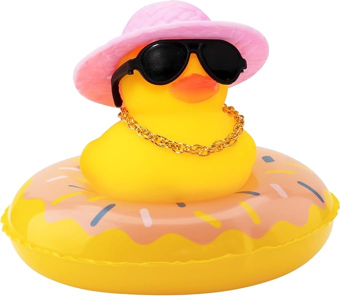 wonuu Car Rubber Duck, Yellow Duck Decoration Dashboard with Sun Hat Swim Ring Necklace Sunglasses for Car Dashboard Decorations