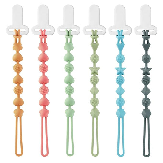 PandaEar 6 Pack Silicone Pacifier Clips, One Piece Design Teething Pacifier Holder Clip, Neutral Baby Paci Clips Boys & Girls, Binky Clips Pacifier Straps Chain for Toys Teethers
