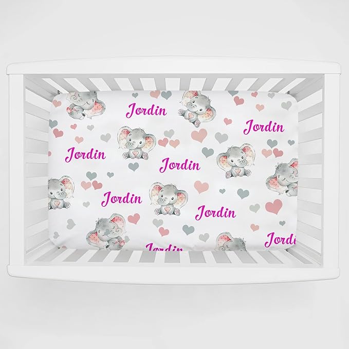 Personalized Pack and Play Sheets for Baby Girls - Custom Name Mini Crib Sheets, Soft and Breathable Material (Elephant Pink)
