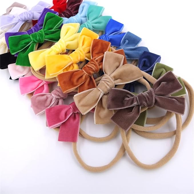 Sugarmelon Velvet Bow Soft Stretchy Headbands for Newborn Infant Toddlers Hair Bow Elastic Bands Baby Girls Nylon Hairband (3.2'' Ambrosia 24 PCS)