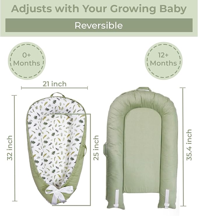 Aila+Aiden Baby Lounger | Organic Cotton Infant Lounger | Reversible, Adjustable & Portable Floor Lounger |Supervised Use | Soft, Breathable, Washable Cover - Star Collection (Sage Leaf)