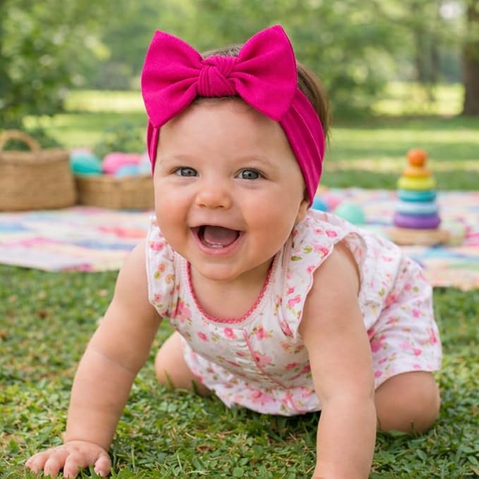 Baby Girl Headbands 0–6 Months – Newborn Infant Soft Cotton Handmade Bow Headband, Stretchy No Mark Baby Hair Accessories (Fuchsia Pink, 0-6 Month)