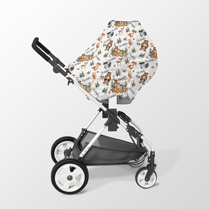 Personalized Baby Car Seat Cover Stroller Canopy: Custom Name Newborn Baby Boy Girl Elastic Woodland Animals Nursing Cover for Moms First Birthday Gift Fox Bear Watercolor(one Size)