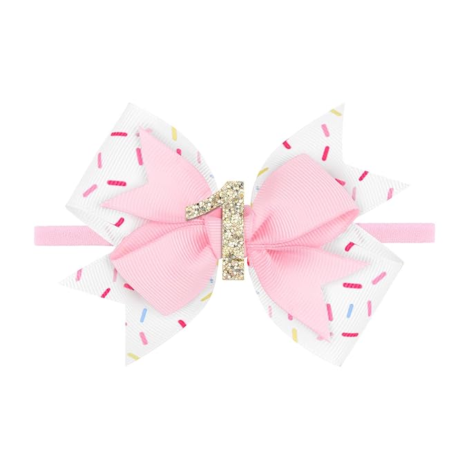 YanJie 4'' Baby Girl Birthday Hair Bow for 1 Year Old Newborns Sprinkle Glitter Birthday Infant Headbands Hair Accessories with Pink Frosting Bows