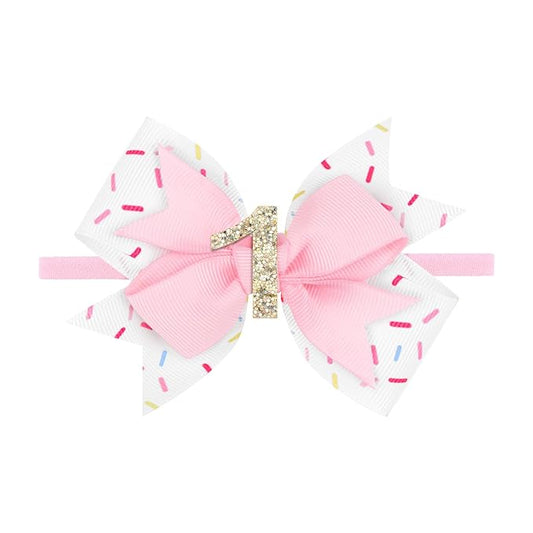YanJie 4'' Baby Girl Birthday Hair Bow for 1 Year Old Newborns Sprinkle Glitter Birthday Infant Headbands Hair Accessories with Pink Frosting Bows