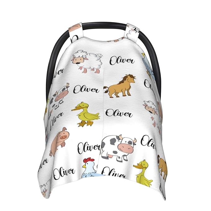 Personalized Baby Car Seat Canopy for Babies with Name, Custom Car Seat Covers for Boys Girls, Infant Opening Minky Nursing Breastfeeding Stroller Cover Carseat Canopies for Newborn (Farm Animals)
