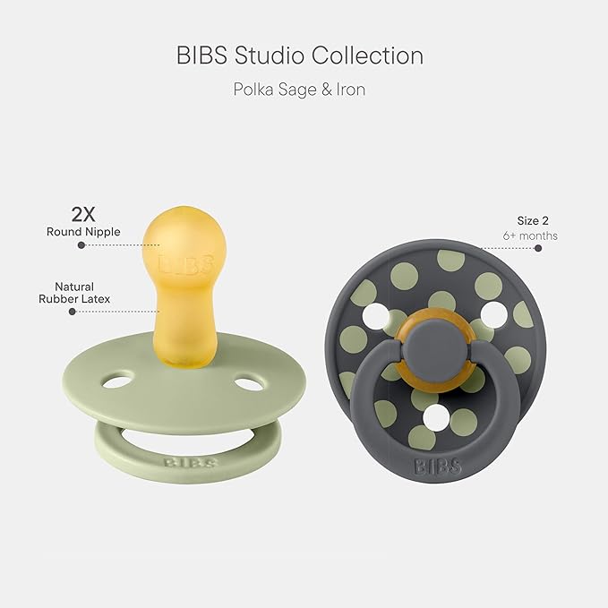 BIBS Polka Dots Pacifier 2-Pack, BPA Free Pacifiers with a Round Latex Nipple, Made in Scandinavia, Size 2 (6-18 Months), Sage/Iron