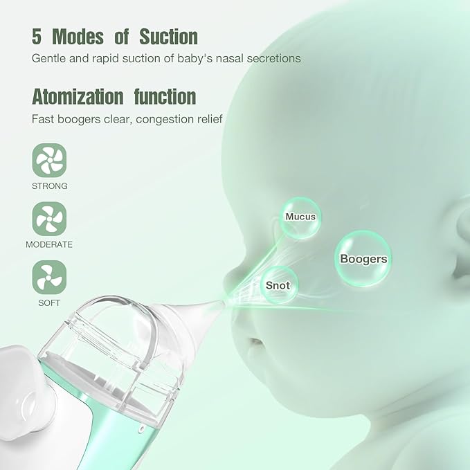 Smart Baby Nasal Aspirator, Household 2-in-1 Electric Nose Sucker with 5-Level Suction, Soothing Music, 2 Silicone Tips, USB-C Charge, Storage Case, Baby Nose Aspirator Gift (Mint Green)