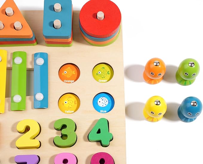 4-in-1 Wooden Activity Board for Toddlers Kids - Montessori Learning Toy with Magnetic Fishing, Number Blocks Puzzles, Shape Sorter & Xylophone - Educational Gift