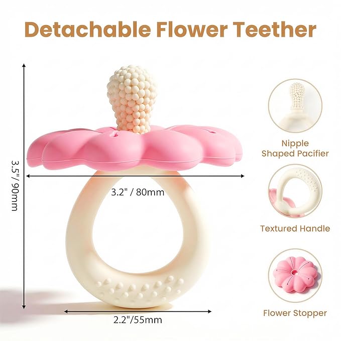 Baby Silicone Flower Teether Pacifier, Nipple-Shaped End Texture for Sucking Needs, Teething Relief, Chew Sensory Toys for Babies 0-6 6-12 Months, Hands-Free Design, BPA Free, Freezable -Pink