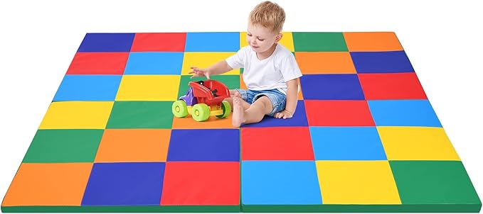 OLAKIDS Baby Foam Play Mat, Foldable 58'' x 58'' Toddler Collapsible Crawl Floor Mat, Waterproof Soft Thick Patchwork Play Mat for Kids Gym Nursery Playroom (Blue)