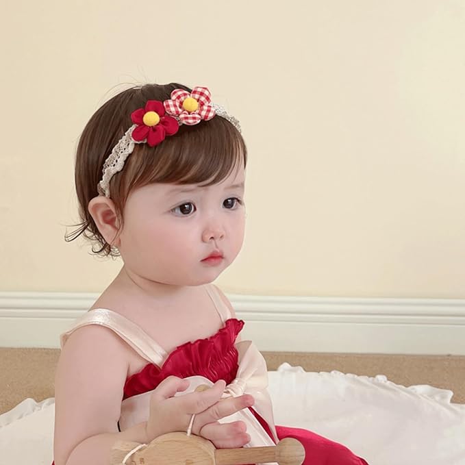 Baby Girls Hairbands Lace Flowers Headband Handmade Soft Stretchy Colorful Flower Hairband Newborn Headbands with Pearls Elastic Hairbands for Infant Head Band (Two Red Flowers)
