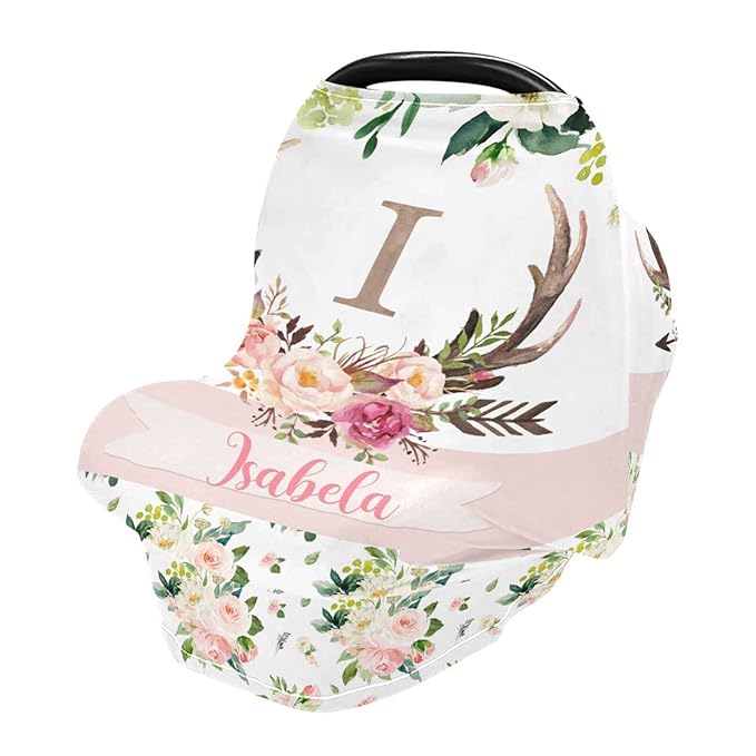 Personalized Baby Car Seat Cover for Girls Boys, Custom Nursing Covers for Breastfeeding with Name, Infant Stroller Cover, Baby Carseat Canopy for Newborn, Multiuse Car Seat Canopies, Antlers Deer