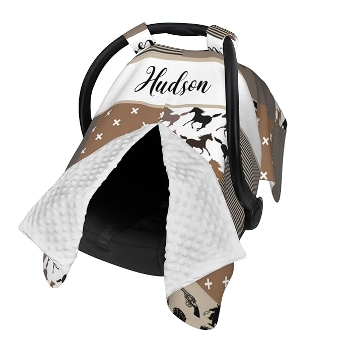 Personalized Baby Car Seat Canopy for Babies, Custom Name Car Seat Covers for Boys and Girls, Opening Minky Nursing Breastfeeding Cover for Infant, Carseat Canopies for Newborn (Cowboy)