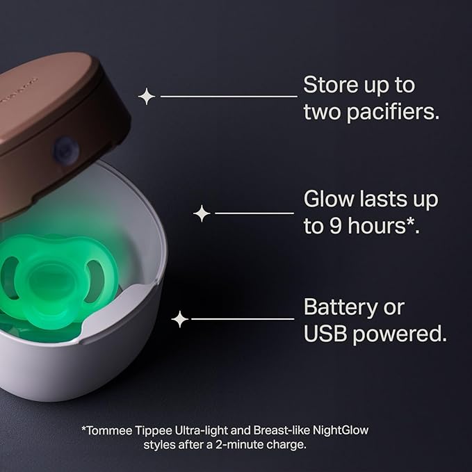 Tommee Tippee Pacifier Travel Sterilizer Case with 0-6M Ultra-Light NightGlow Pacifier, Glows in the Dark Charges in 2 Minutes, Portable UVC Sterilizer, AA Lithium Battery or USB Charge