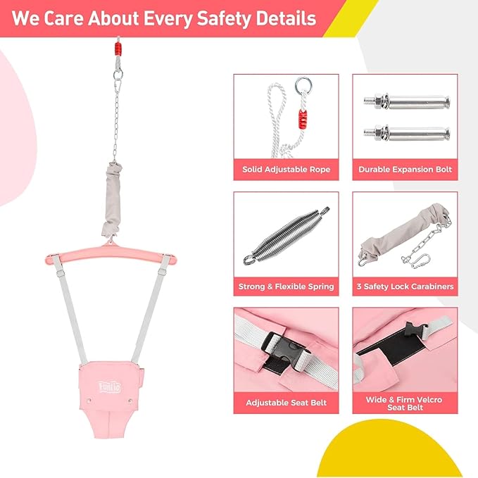 FUNLIO 2 in 1 Baby Jumper with a Ceiling Hook, Baby Walking Harness for 6-24 Months, Infant Jumper for Indoor/Outdoor Play, Infant Jumper Doorway with Adjustable Chain, Easy to Assemble & Store - Pink