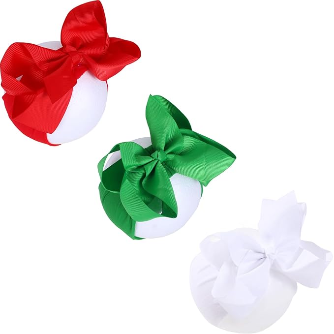 3 Pcs Baby Girls Headband Bows, Soft Nylon Hairbands Cute Big Bow Super Elastic Headband For Baby Girls Newborn Infant Toddlers (Red Green White, Large)