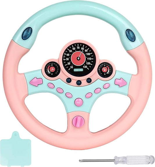 Toy Steering Wheel for Kids with Light and Music,Simulated Driving Toys Gift for Toddlers 3+ (Pink)