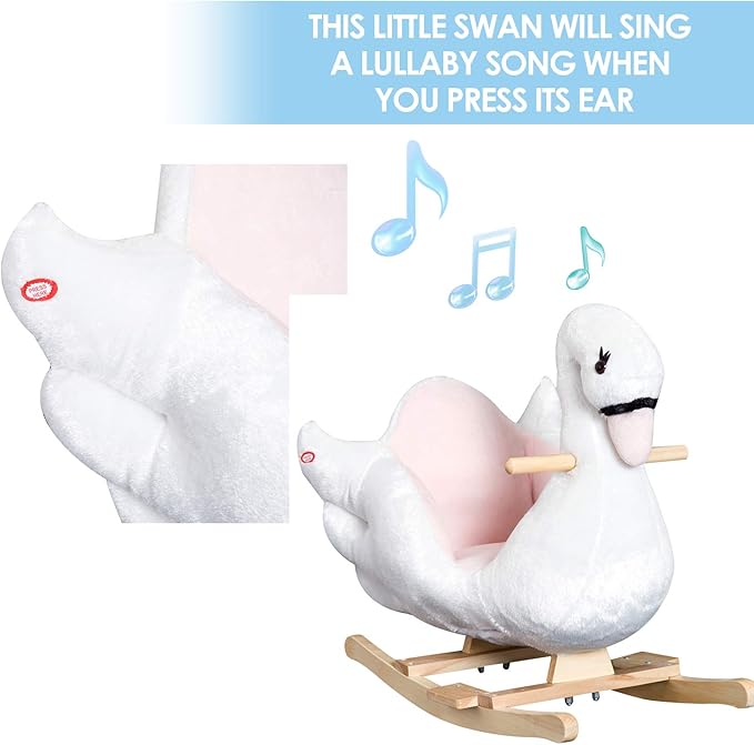 Qaba Kids Ride On Rocking Horse Plush Swan Style Toy with Music for Over 18 Months Children, White and Pink
