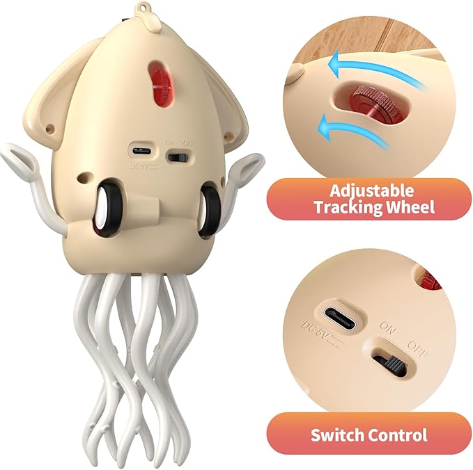 Interactive Dancing Octopus Toy,LED Light-Up Music Crawling Squid with Smart Obstacle Avoidance & Fishing Rod,Tummy Time Baby Toy,Musical Toy for 3 4 5 6 Year Old Boys and Girls(Off-White)