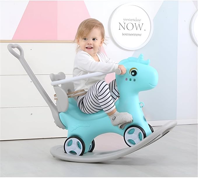4 in 1 Rocking Horse for Toddlers 1.5-3 Years Old, Balance Bike Ride On Toys with Push Handle, Baby Rocking Toy Backrest and Balance Board for Baby Girl and Boy Fun Birthday Gift (Blue)