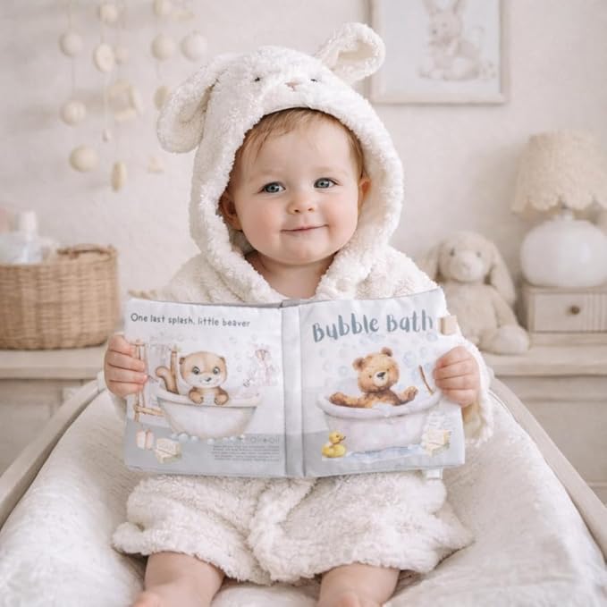 Ali+Oli Baby Cloth Book – Soft Sensory Crinkle Book with Teether for Infants 0-12 Months – Early Learning Touch & Feel Tummy Time Toy – Newborn Shower Gift for Boys & Girls - Bubble Bath