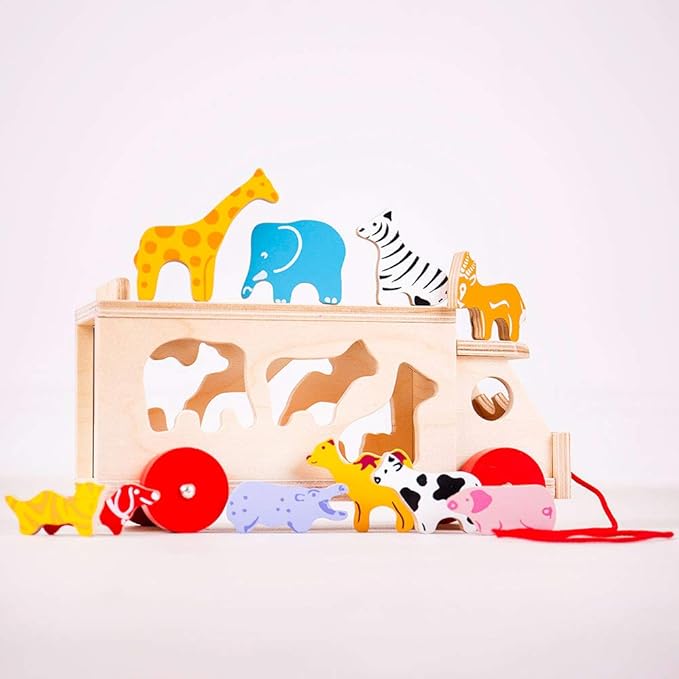 Bigjigs Toys, Animal Lorry Wooden Shape Sorter, Shape Sorters for 2 Year Olds, Pull Along Toy, Baby Wooden Toys