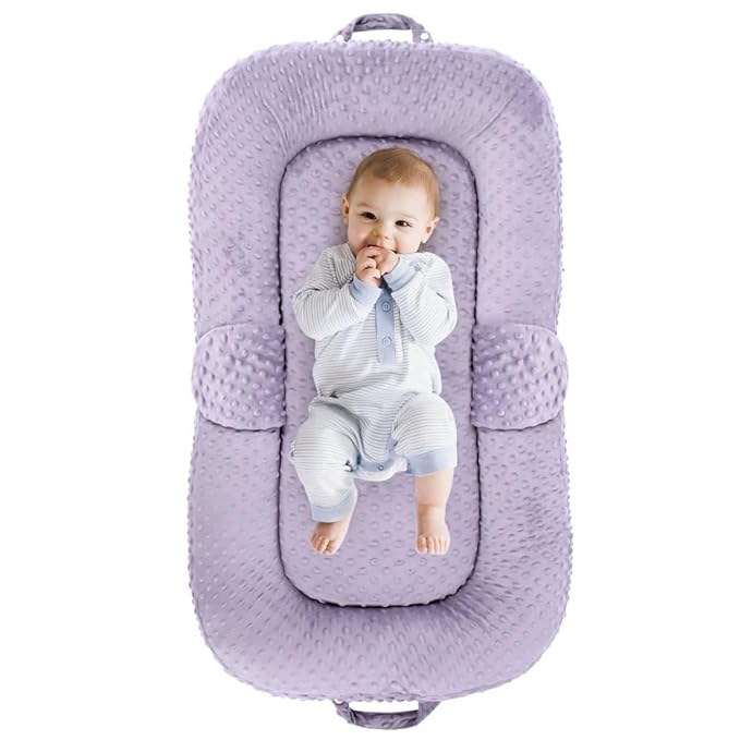Baby Lounger for Newborn,0-12 months,Foldable Soft Infant Lounger pillow for Home and Travel, Baby Nest Lounger with cover,Multi-Use Portable baby lounger for Supervised Play&Tummy Time, Purple
