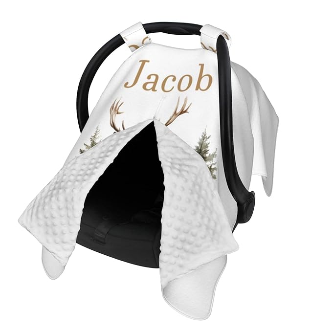 Personalized Baby Car Seat Canopy with Name – Custom Woodland Deer Minky Nursing Cover for Boys & Girls, Soft Stroller Cover for Infants & Newborns, Carseat Canopy for Breastfeeding