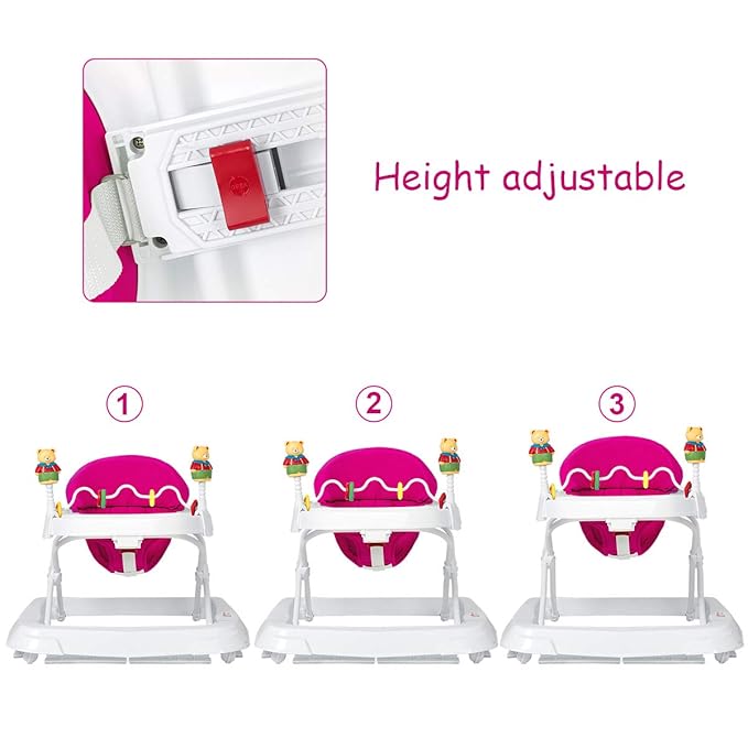 Baby Walker, Collapsible Baby Activity Walker with Walking Toys & 3-Levels Adjustable Height, Comfy High Back Seated Baby Walker with Wheels for Boys & Girls (Pink)