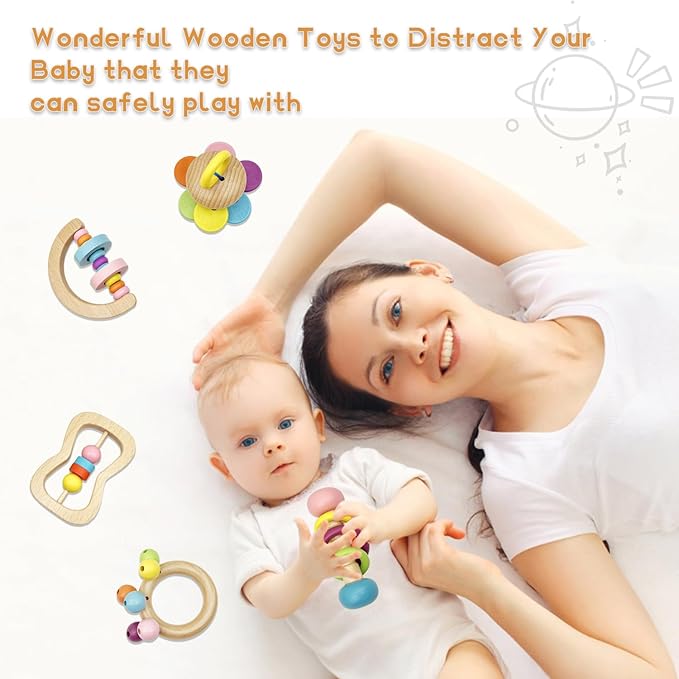 Wooden Baby Rattle, Organic Colorful Baby Rattles Set, Toddler Hand Wooden Rattles Toy Set for Infant Grasping, Sensory Development, Gift for Baby Boys Girls