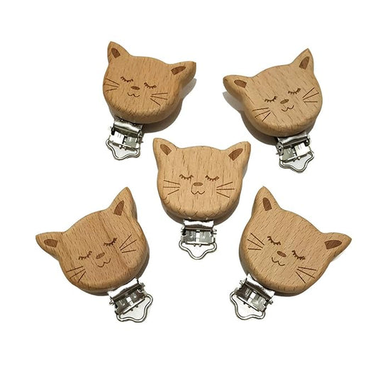 5pcs Natural Wood Suspender Pacifier Clips Cute Beech Wooden Animal Cat Shape Clips DIY Beading Pacifier Chain Accessory