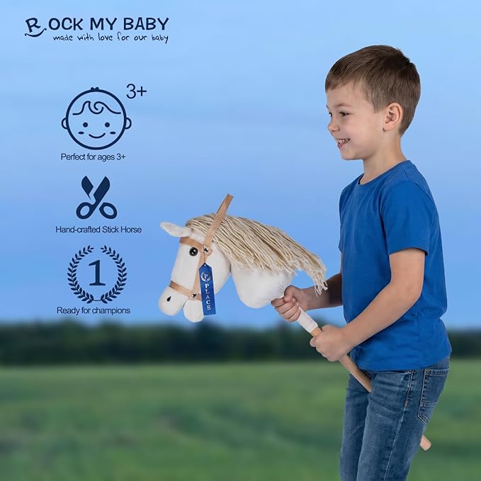 ROCK MY BABY Hobby Horse Plush Stuffed Stick Horse with Award Ribbon for Boys and Girls 3+ Fun Toys for Pretend Play (Cream) CPC Certified