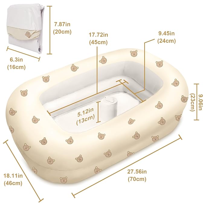 Inflatable Baby Bathtub with Built-in Air Pump, Back Support, Portable Travel Baby Bath Tub, Deflates and Folds Easily, Newborn to Toddler 3-20 Months (Cute Bear)