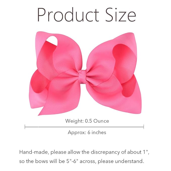 Oaoleer Big Hair Bows for Girls 12 PCS 6" Hot Pink Grosgrain Ribbon Large Boutique Bow Alligator Clips Hair Accessories for Toddlers Little Girls Kids