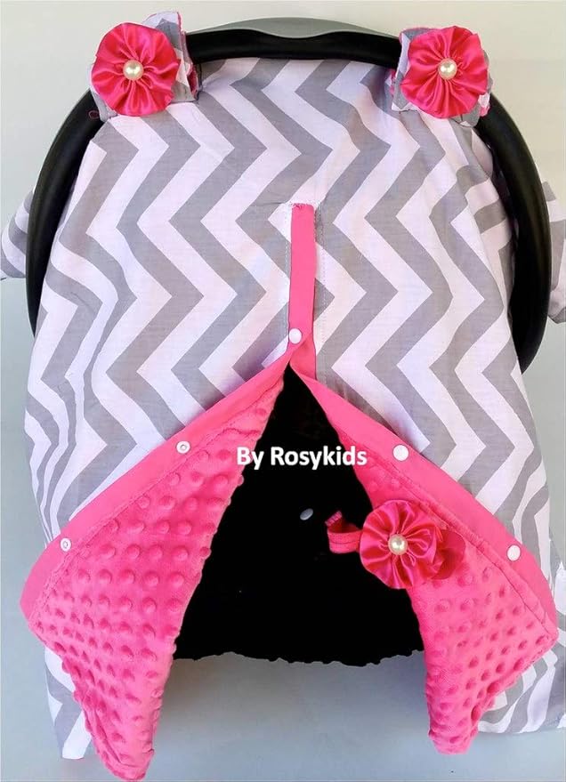 Rosy Kids Infant Carseat Canopy Cover 1pc Wind Proof Baby Car Seat Cover, Sunshade Cover, Boys and Girls, Fits Any Baby Car Seat, Light Grey Chevron Hot Pink Minky