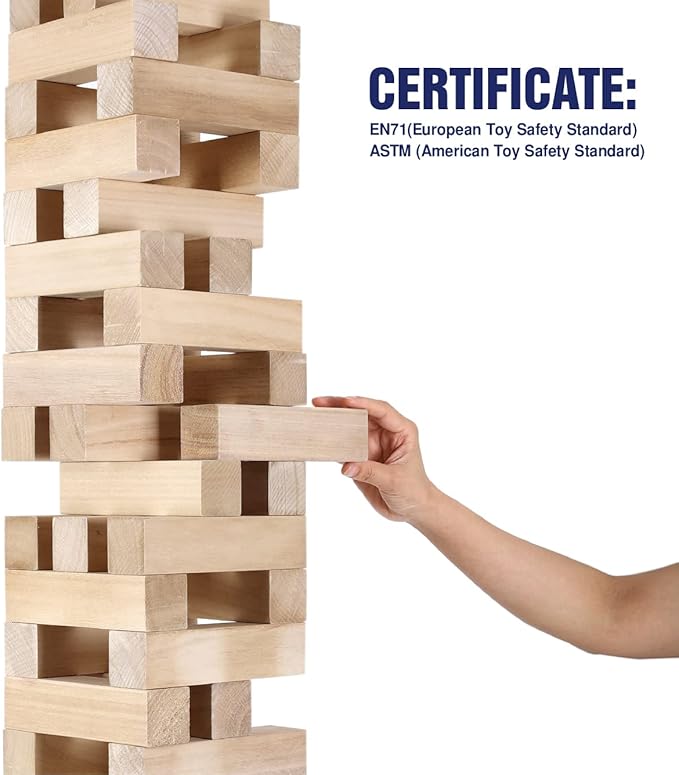GOTHINK Giant Tumbling Tower Game, Super Large 51pcs Wooden Blocks Stacking Game, Stacking Up to 5.5 Feet, Timber Blocks with Carry Bag, Jumbo Blocks Outdoor Indoor Game Toy Gift for Kids and Adults