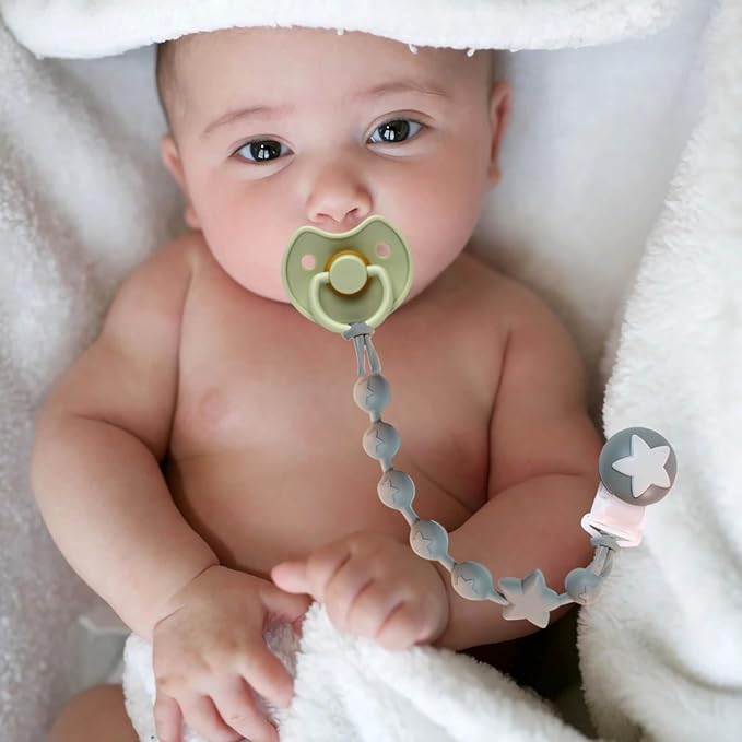 Silicone Baby Pacifier Clips for Boys and Girls, Pack of 2 Flexible Rust-Free Pacifier Holder Clip with One-Piece Design, Paci Binky Clips (Sage+Mustard)