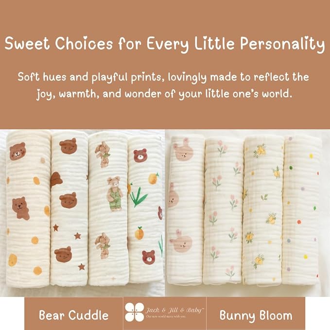 Jack & Jill & Baby Washcloths | 100% Cotton | Ultra-Soft Face Towels for Baby Boys and Girls | Bath Time and Burp Cloth Use | Baby Essentials | Absorbent Cloth Wipes | Pack of 4 (Bunny Bloom)