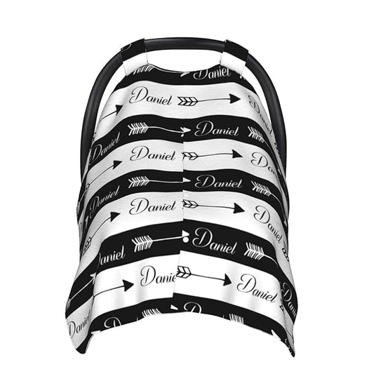 Personalized Baby Name Car Seat Covers with Tribal Arrows, Custom Carseat Canopy, Peekaboo Opening Nursing Wrap Breastfeeding Car Seat Canopies for Baby Boys Girls Newborn (Black Arrow Minky Dot)