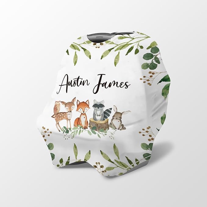 Personalized Baby Car Seat Cover Stroller Canopy: Custom Name Newborn Baby Boy Girl Elastic Animals Nursing Cover for Moms First Birthday Gift Woodland(one Size)
