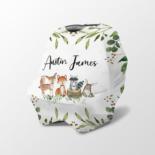 Personalized Baby Car Seat Cover Stroller Canopy: Custom Name Newborn Baby Boy Girl Elastic Animals Nursing Cover for Moms First Birthday Gift Woodland(one Size)