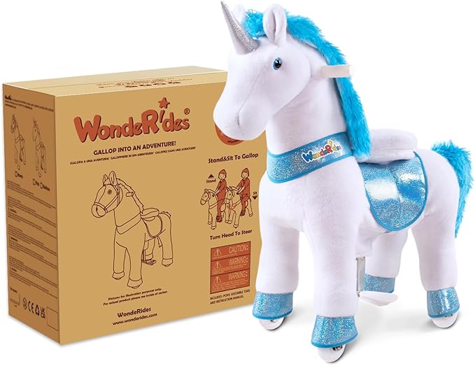 WondeRides Ride on Horse Pony Unicorn Riding Horse Toys Pony Rider Rocking Horse, 30.1 inch Height Plush Walking Animal Mechanical Rocking Horse with Wheels (Blue-White, Size 3 for Age 3-4) M331-1