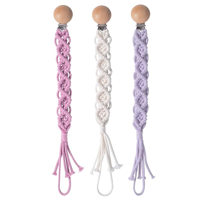 Boho Pacifier Clip for Boys Girls Pacifier Holder Leash Wooden Clips Handmade Braided Cotton Unisex Baby Shower Birthday Gift Christmas Gift