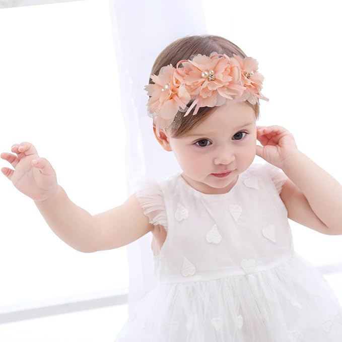 Fmeida Flower Headband for Baby Girl Floral Headbands Crown Baptism Hairband Hair Accessories Peach