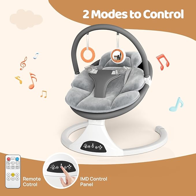 Electric Baby Swing with Remote Control - 5 Natural Motion Speeds, Detachable Seat Pad | Portable Infant Swing for Indoor/Outdoor Use (0-6M, 20lbs) (Gray)