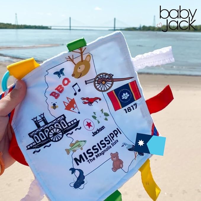 Baby Jack & Co 8x8” Learning Lovey Mississippi State Tag Stroller Toy for Babies - Crinkle Toys for Developing Five Senses - Learn About Capitals - Travel with Baby Jack - BPA Free Clip