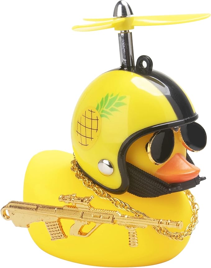 wonuu Rubber Duck Car Ornaments Cool Yellow Duck Car Dashboard Decorations Squeaky Glasses Duck with Propeller Helmet for Car ccessories Dashboard (Pineapple-Yellow G)