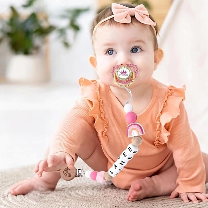 Personalized Pacifier Clip with Name Custom Stroller Clip Silicone Pacifier Chain Holder Clips (Rainbow)