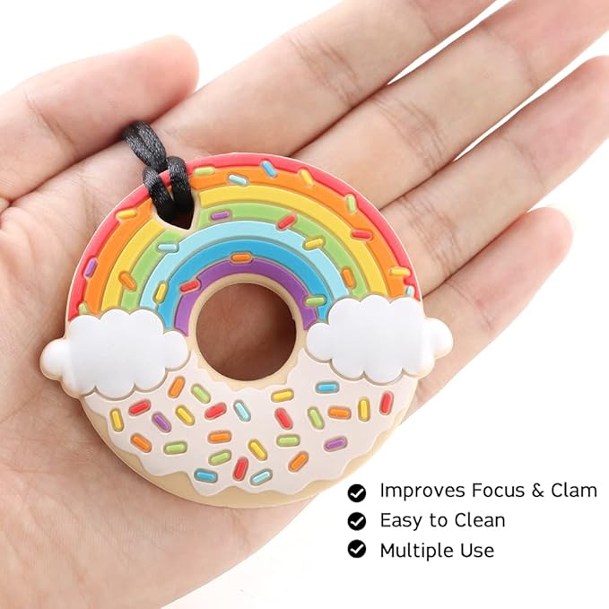 Rainbow Donut Sensory Chew Teether for Boys and Girls,Food Grade Silicone Safety Chewy Teething Toy for Kids with Autism, ADHD,Oral Motor,Teething,Biting Needs